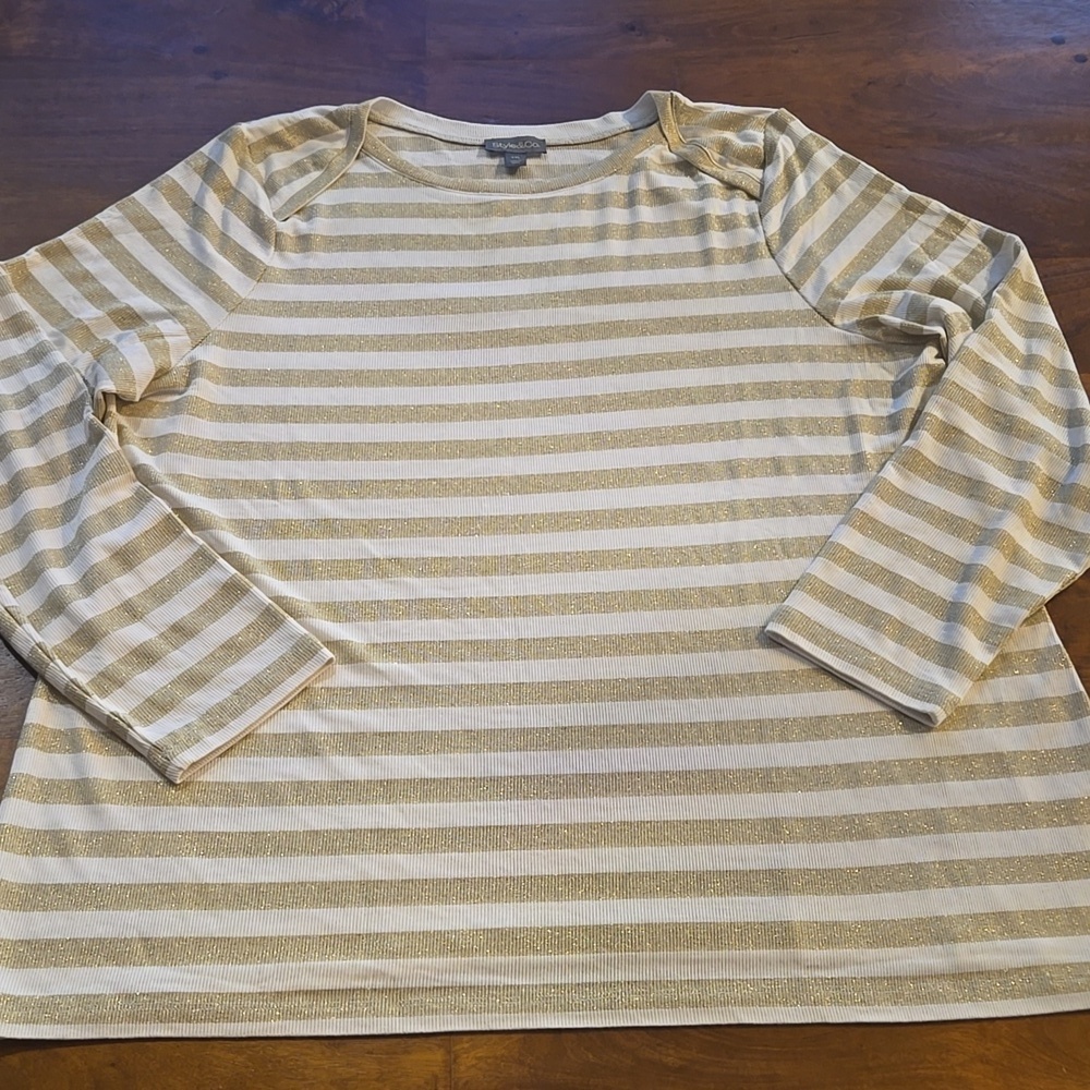 NWOT Style & Co Gold And White Striped Long Sleeve T-shirt Size XXL